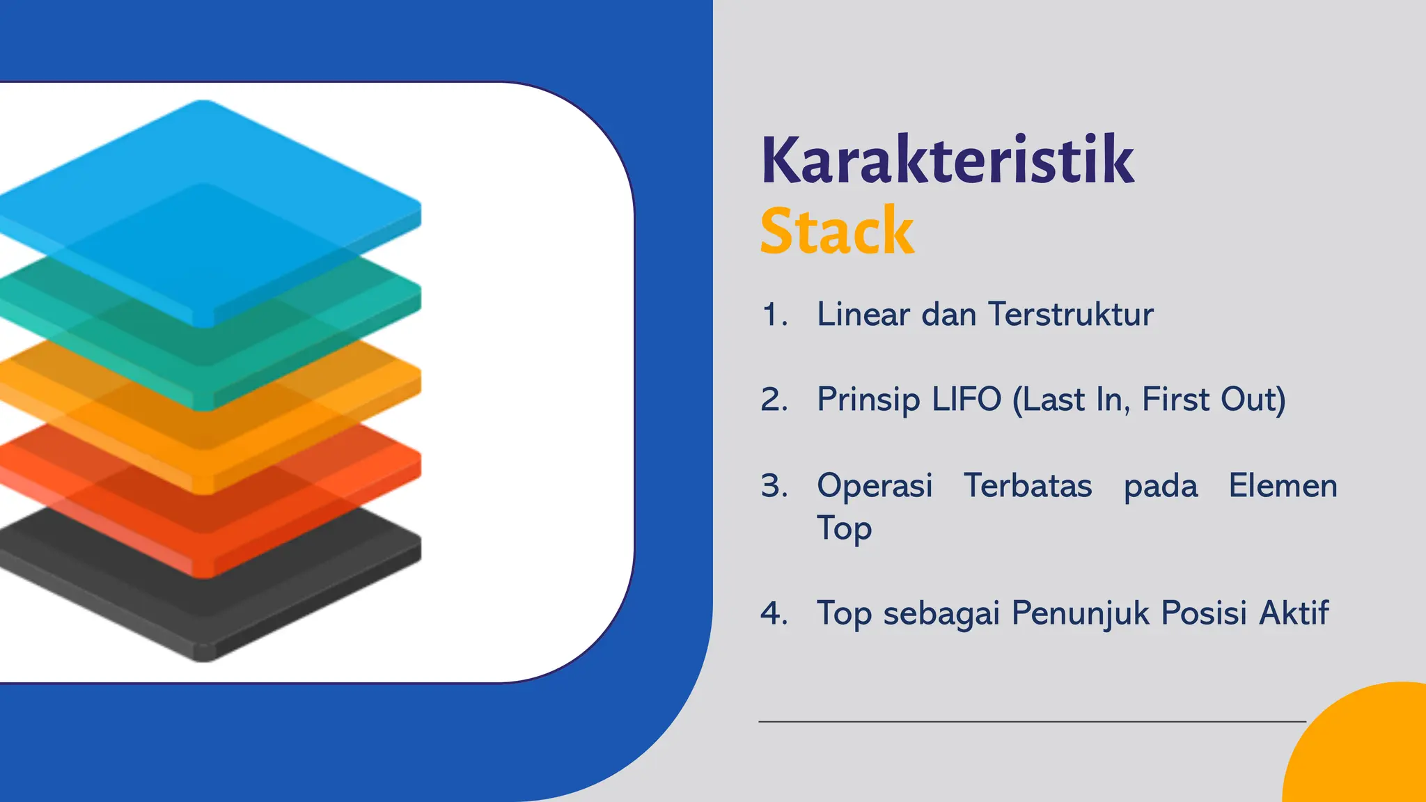 Karakteristik
Stack
1. Linear dan Terstruktur
2. Prinsip LIFO (Last In, First Out)
3. Operasi Terbatas pada Elemen
Top
4. Top sebagai Penunjuk Posisi Aktif
 