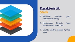 Karakteristik
Stack
5. Kapasitas Terbatas (pada
Implementasi Array)
6. Kemampuan Dinamis (pada
Implementasi Linked List)
7. Struktur Abstrak dengan Aplikasi
Luas
 