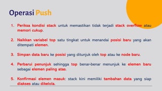 OperasiPush
1. Periksa kondisi stack untuk memastikan tidak terjadi stack overflow atau
memori cukup.
2. Naikkan variabel top satu tingkat untuk menandai posisi baru yang akan
ditempati elemen.
3. Simpan data baru ke posisi yang ditunjuk oleh top atau ke node baru.
4. Perbarui penunjuk sehingga top benar-benar menunjuk ke elemen baru
sebagai elemen paling atas.
5. Konfirmasi elemen masuk: stack kini memiliki tambahan data yang siap
diakses atau dikelola.
 
