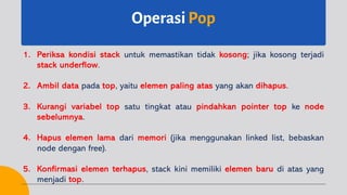 OperasiPop
1. Periksa kondisi stack untuk memastikan tidak kosong; jika kosong terjadi
stack underflow.
2. Ambil data pada top, yaitu elemen paling atas yang akan dihapus.
3. Kurangi variabel top satu tingkat atau pindahkan pointer top ke node
sebelumnya.
4. Hapus elemen lama dari memori (jika menggunakan linked list, bebaskan
node dengan free).
5. Konfirmasi elemen terhapus, stack kini memiliki elemen baru di atas yang
menjadi top.
 