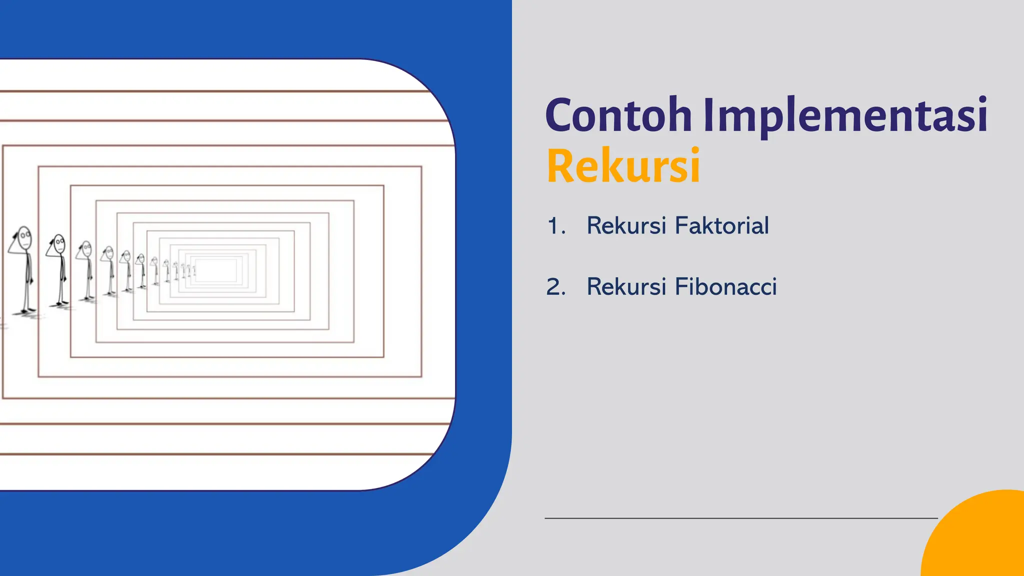 Contoh Implementasi
Rekursi
1. Rekursi Faktorial
2. Rekursi Fibonacci
 
