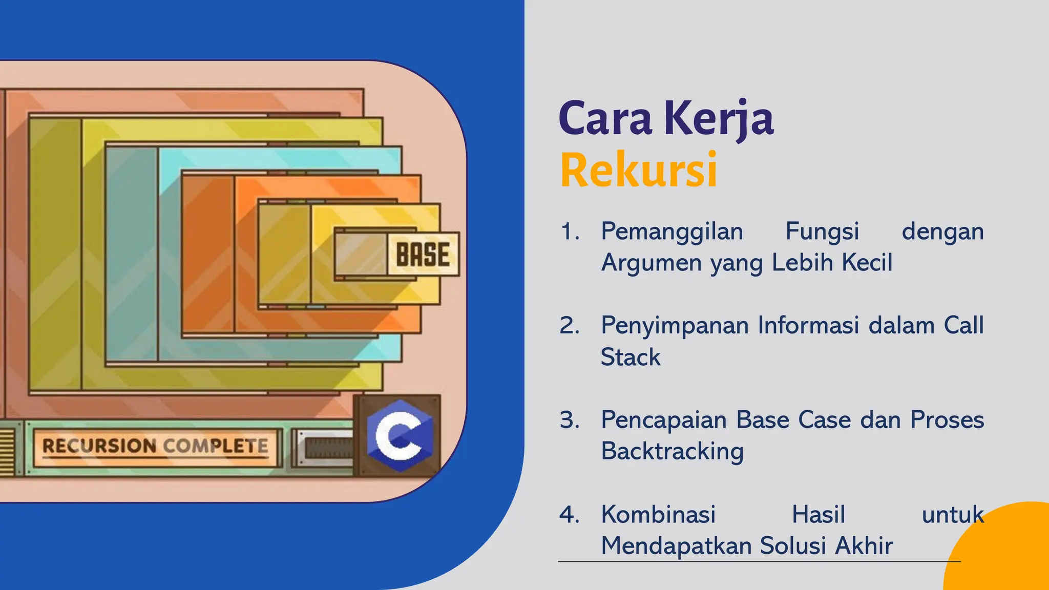 Cara Kerja
Rekursi
1. Pemanggilan Fungsi dengan
Argumen yang Lebih Kecil
2. Penyimpanan Informasi dalam Call
Stack
3. Pencapaian Base Case dan Proses
Backtracking
4. Kombinasi Hasil untuk
Mendapatkan Solusi Akhir
 