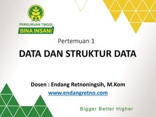 Pertemuan 1
DATA DAN STRUKTUR DATA
Dosen : Endang Retnoningsih, M.Kom
www.endangretno.com
 