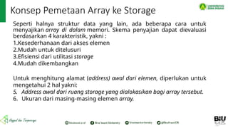 Konsep Pemetaan Array ke Storage
Seperti halnya struktur data yang lain, ada beberapa cara untuk
menyajikan array di dalam memori. Skema penyajian dapat dievaluasi
berdasarkan 4 karakteristik, yakni :
1.Kesederhanaan dari akses elemen
2.Mudah untuk ditelusuri
3.Efisiensi dari utilitasi storage
4.Mudah dikembangkan
Untuk menghitung alamat (address) awal dari elemen, diperlukan untuk
mengetahui 2 hal yakni:
5. Address awal dari ruang storage yang dialokasikan bagi array tersebut.
6. Ukuran dari masing-masing elemen array.
 