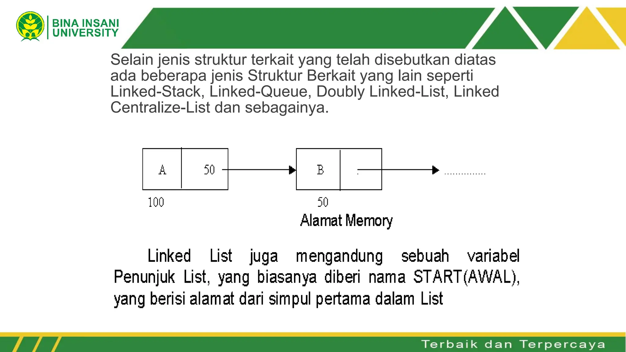 Selain jenis struktur terkait yang telah disebutkan diatas
ada beberapa jenis Struktur Berkait yang lain seperti
Linked-Stack, Linked-Queue, Doubly Linked-List, Linked
Centralize-List dan sebagainya.
 