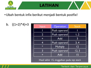 LATIHAN
•Ubah bentuk infix berikut menjadi bentuk postfix!
b. ((1+2)*4)+3
 