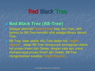 Red Black Tree
 Red Black Tree (RB-Tree)
 Sebagai alternatif ‘balance tree’ bagi AVL-Tree, oleh
karena itu RB-Tree memiliki sifat sebagai Binary Serach
Tree.
 RB-Tree, tidak sebaik AVL-Tree dalam hal ‘height-
balance ’, tetapi RB-Tree mempunyai keunggulan dalam
hal proses Insert dan Delete, dengan kata lain untuk
mempercepat proses Insert dan Delete, RB-Tree
mengorbankan kwalitas ‘height-balance ’.
Copyright Sunarya D. Marwah
 