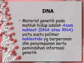 DNA 
•Material genetik pada mahluk hidup adalah Asam nukleat (DNA atau RNA) yaitu suatu polimer nukleotidayg berperanan dlm penyimpanan serta pemindahan informasi genetik  