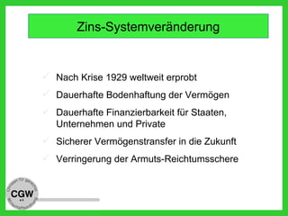  Nach Krise 1929 weltweit erprobt
 Dauerhafte Bodenhaftung der Vermögen
 Dauerhafte Finanzierbarkeit für Staaten,
Unternehmen und Private
 Sicherer Vermögenstransfer in die Zukunft
 Verringerung der Armuts-Reichtumsschere
Zins-Systemveränderung
 