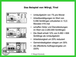 Das Beispiel von Wörgl, TirolDas Beispiel von Wörgl, Tirol
•• Umlaufgebühr von 1% pro MonatUmlaufgebühr von 1% pro Monat
• Arbeitbestätigungen im Wert vonArbeitbestätigungen im Wert von
5.490 Schillingen zirkulierten in 13,55.490 Schillingen zirkulierten in 13,5
Monaten 416 malMonaten 416 mal
•• schaffen Güter und Dienstleistungenschaffen Güter und Dienstleistungen
im Wert von 2.283.840 Schillingenim Wert von 2.283.840 Schillingen
•• Die Stadt erhielt 12% von 5.490 = 658Die Stadt erhielt 12% von 5.490 = 658
Schillinge als UmlaufgebührSchillinge als Umlaufgebühr
•• Arbeitslosigkeit um 25% reduziertArbeitslosigkeit um 25% reduziert
•• Gemeindeabgaben stiegen um 35%Gemeindeabgaben stiegen um 35%
•• die öffentliche Auftragsvergabe umdie öffentliche Auftragsvergabe um
220%220%
© Margrit Kennedy
 