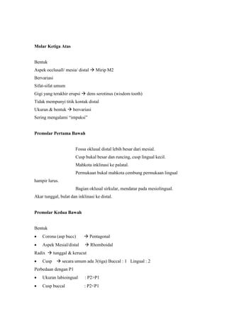Molar Ketiga Atas
Bentuk
Aspek occlusall/ mesia/ distal  Mirip M2
Bervariasi
Sifat-sifat umum
Gigi yang terakhir erupsi  dens serotinus (wisdom tooth)
Tidak mempunyi titik kontak distal
Ukuran & bentuk  bervariasi
Sering mengalami “impaksi”
Premolar Pertama Bawah
Fossa oklusal distal lebih besar dari mesial.
Cusp bukal besar dan runcing, cusp lingual kecil.
Mahkota inklinasi ke palatal.
Permukaan bukal mahkota cembung permukaan lingual
hampir lurus.
Bagian oklusal sirkular, mendatar pada mesiolingual.
Akar tunggal, bulat dan inklinasi ke distal.
Premolar Kedua Bawah
Bentuk
 Corona (asp bucc)  Pentagonal
 Aspek Mesial/distal  Rhomboidal
Radix  tunggal & kerucut
 Cusp  secara umum ada 3(tiga) Buccal : 1 Lingual : 2
Perbedaan dengan P1
 Ukuran labioingual : P2>P1
 Cusp buccal : P2<P1
 