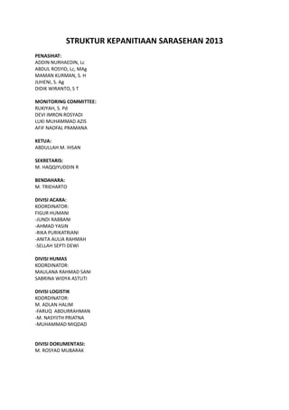 STRUKTUR KEPANITIAAN SARASEHAN 2013
PENASIHAT:
ADDIN NURHAEDIN, Lc
ABDUL ROSYID, Lc, MAg
MAMAN KURMAN, S. H
JUHENI, S. Ag
DIDIK WIRANTO, S T

MONITORING COMMITTEE:
RUKIYAH, S. Pd
DEVI IMRON ROSYADI
LUKI MUHAMMAD AZIS
AFIF NAOFAL PRAMANA

KETUA:
ABDULLAH M. IHSAN

SEKRETARIS:
M. HAQQIYUDDIN R

BENDAHARA:
M. TRIEHARTO

DIVISI ACARA:
KOORDINATOR:
FIGUR HUMANI
-JUNDI RABBANI
-AHMAD YASIN
-RIKA PURIKATRIANI
-ANITA AULIA RAHMAH
-SELLAH SEPTI DEWI

DIVISI HUMAS
KOORDINATOR:
MAULANA RAHMAD SANI
SABRINA WIDYA ASTUTI

DIVISI LOGISTIK
KOORDINATOR:
M. ADLAN HALIM
-FARUQ ABDURRAHMAN
-M. NASYIITH PRIATNA
-MUHAMMAD MIQDAD


DIVISI DOKUMENTASI:
M. ROSYAD MUBARAK
 