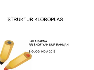 STRUKTUR KLOROPLAS 
LAILA SAPNA 
RR SHOFIYAH NUR RAHMAH 
BIOLOGI ND A 2013 
 