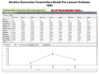 Struktur Komunitas Foraminifera Bentik Pra Letusan Krakatau
1883
Berdasarkan diversitas (Keanekaragaman)
H’< 1,0: Keanekaragaman rendah, miskin
(produktivitas sangat rendah) sebagai indikasi adanya
tekanan ekologis yang berat, dan ekosistem tidak
stabil
1,0 < H’< 3,322: Keanekaragaman sedang,
produktivitas cukup, kondisi ekosistem cukup
seimbang, tekanan ekologis sedang.
H’ > 3,322: Keanekaragaman tinggi, stabilitas
ekosistem mantap, produktivitas tinggi.
SSL 34 TELUK BAGIAN DALAMSSL 21 TELUK BAGIAN TENGAHSSL 43 TELUK BAGIAN LUAR
 