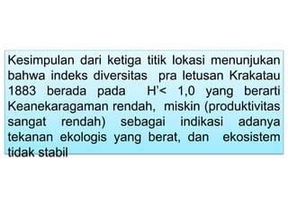 Kesimpulan dari ketiga titik lokasi menunjukan
bahwa indeks diversitas pra letusan Krakatau
1883 berada pada H’< 1,0 yang berarti
Keanekaragaman rendah, miskin (produktivitas
sangat rendah) sebagai indikasi adanya
tekanan ekologis yang berat, dan ekosistem
tidak stabil
 