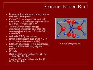 Struktur Sesium Klorida CsClBukan struktur kemasan rapat, karena unit selnya kubus sederhana (SC)Anion Cl- menempati titik sudut (8), sehingga jumlah anion per unit sel = (8 x 1/8) = 1 anion Cl- per unit selKation Cs+ berada di pusat badan (1), sehingga ada 1 kation per unit selJadi setiap unit sel ada   1CsCl Rasio jumlah kation dan anion per unit sel = 1 : 1 (sesuai rumus empiris)Bilangan koordinasi untuk kation dan anion masing-masing = 8Diadopsi oleh klorida, bromidadan iodidadari kation yang besar, seperti  Cs+, Tl+, NH4+