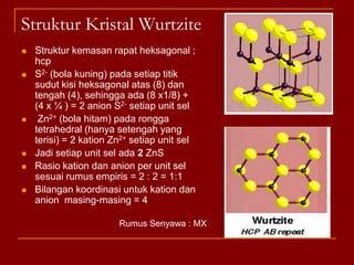 Hubungan Struktur Dengan Rumus EmpirisSetiap ion Cl- pada kedudukan sudut (titik sudut) harus berbagi dengan delapan unit sel lain dan  setiap Cl- pada pusat muka berbagi dengan dua unit sel lain, sehingga jumlah keseluruhan ion Cl- untuk setiap unit sel adalah	 (8 x 1/8) + (6 x ½ ) = 4Pada sepanjang  sel satuan terdapat 12 ion Na+ (lihat gambar) yang masing-masing berbagi dengan empat unit sel lain dan pada pusat unit sel terdapat satu ion Na+. Jadi jumlah ion Na+ dalam setiap unit sel adalah :	(12 x ¼) + (1 x 1) = 4Dengan demikian angka banding Na+ terhadap Cl- adalah 4 : 4 atau   1 : 1. Ini sesuai dengan rasio rumus empiris NaCl = 1 : 1