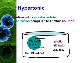 Hypertonic
• A solution with a greater solute
concentration compared to another solution.
3% NaCl
97% H2O
Red Blood Cell
5% NaCl
95% H2O
solution
Which
way
will
the
water
move?
 