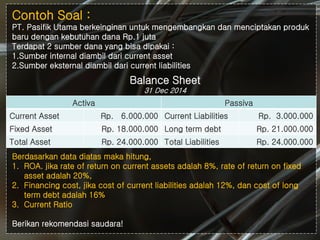 # Balance Sheet
31 Dec 2014
Activa Passiva
Current Asset Rp. 6.000.000 Current Liabilities Rp. 3.000.000
Fixed Asset Rp. 18.000.000 Long term debt Rp. 21.000.000
Total Asset Rp. 24.000.000 Total Liabilities Rp. 24.000.000
Berdasarkan data diatas maka hitung,
1. ROA. jika rate of return on current assets adalah 8%, rate of return on fixed
asset adalah 20%,
2. Financing cost, jika cost of current liabilities adalah 12%, dan cost of long
term debt adalah 16%
3. Current Ratio
Berikan rekomendasi saudara!
Contoh Soal :
PT. Pasifik Utama berkeinginan untuk mengembangkan dan menciptakan produk
baru dengan kebutuhan dana Rp.1 juta
Terdapat 2 sumber dana yang bisa dipakai :
1.Sumber internal diambil dari current asset
2.Sumber eksternal diambil dari current liabilities
 