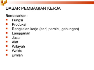 DASAR PEMBAGIAN KERJA
Berdasarkan :
 Fungsi
 Produksi
 Rangkaian kerja (seri, paralel, gabungan)
 Langganan
 Jasa
 Alat
 Wilayah
 Waktu
 jumlah
 