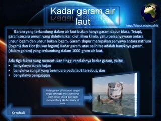 Kadar garam air
laut

http://about.me/muafriz

Garam yang terkandung dalam air laut bukan hanya garam dapur biasa. Tetapi,
garam secara umum yang didefinisikan oleh ilmu kimia, yaitu persenyawaan antara
unsur logam dan unsur bukan logam. Garam dapur merupakan senyawa antara
natrium (logam) dan klor (bukan logam) Kadar garam atau salinitas adalah banyknya
garam (dalam garam) yang terkandung dalam 1000 gram air laut.
Ada tiga faktor yang menentukan tinggi rendahnya kadar garam, yaitu:
• banyaknya curah hujan
• banyknya sungai yang bermuara pada laut tersebut, dan
• banyaknya penguapan

Kadar garam di laut mati sangat
tinggi sehingga massa jenisnya
lebih besar. Orang pun pasti
mengambang jika berenang di
sana

Kembali

 