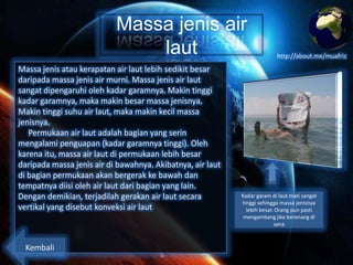 Massa jenis air
laut
Massa jenis atau kerapatan air laut lebih sedikit besar
daripada massa jenis air murni. Massa jenis air laut
sangat dipengaruhi oleh kadar garamnya. Makin tinggi
kadar garamnya, maka makin besar massa jenisnya.
Makin tinggi suhu air laut, maka makin kecil massa
jenisnya.
Permukaan air laut adalah bagian yang serin
mengalami penguapan (kadar garamnya tinggi). Oleh
karena itu, massa air laut di permukaan lebih besar
daripada massa jenis air di bawahnya. Akibatnya, air laut
di bagian permukaan akan bergerak ke bawah dan
tempatnya diisi oleh air laut dari bagian yang lain.
Dengan demikian, terjadilah gerakan air laut secara
vertikal yang disebut konveksi air laut

Kembali

http://about.me/muafriz

Kadar garam di laut mati sangat
tinggi sehingga massa jenisnya
lebih besar. Orang pun pasti
mengambang jika berenang di
sana

 