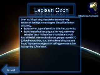 Lapisan Ozon
http://about.me/muafriz

Ozon adalah zat yang merupakan senyawa yang
terbentuk dari tiga atom oksegen. Simbol kimia ozon
adalah O3.
• Lapisan ozon dapat ditemukan di lapisan strafosfer.
• Lapisan tersebut berupa gas ozon yang menyerap
sebagian besar radiasi sinar ultraviolet matahari.
Para ahli telah menemukan bahwa gas-gas seperti CFC
(chlorofiuorocarbon, atau lebih dikenal dengan nama
freon) dapat merusak gas ozon sehingga menimbulkan
lubang yang cukup besar.

Kembali

 