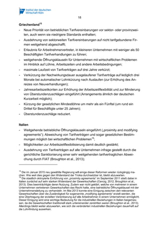 18
Griechenland15
- Neue Priorität von betrieblichen Tarifvereinbarungen vor sektor- oder provinzwei-
ten, auch wenn sie niedrigere Standards enthalten;
- Ausdehnung von sektorweiten Tarifvereinbarungen auf nicht tarifgebundene Fir-
men weitgehend abgeschafft;
- Erlaubnis für Arbeitnehmervertreter, in kleineren Unternehmen mit weniger als 50
Beschäftigten Tarifverhandlungen zu führen;
- weitgehende Öffnungsklauseln für Unternehmen mit wirtschaftlichen Problemen
im Hinblick auf Löhne, Arbeitszeiten und andere Arbeitsbedingungen;
- maximale Laufzeit von Tarifverträgen auf drei Jahre verkürzt;
- Verkürzung der Nachwirkungsdauer ausgelaufener Tarifverträge auf lediglich drei
Monate bei automatischer Lohnkürzung nach Auslaufen (zur Erhöhung des An-
reizes von Neuverhandlungen);
- Jahresarbeitszeitkonten zur Erhöhung der Arbeitszeitflexibilität und zur Minderung
von Überstundenzuschlägen eingeführt (Arrangements ähnlich der deutschen
Kurzarbeit möglich);
- Kürzung der gesetzlichen Mindestlöhne um mehr als ein Fünftel (um rund ein
Drittel für Beschäftigte unter 25 Jahren);
- Überstundenzuschläge reduziert.
Italien
- Weitgehende betriebliche Öffnungsklauseln eingeführt („proximity and modifying
agreements“); Abweichung von Tarifverträgen und sogar gesetzlichen Bestim-
mungen möglich bei wirtschaftlichen Problemen16
;
- Möglichkeiten zur Arbeitszeitflexibilisierung damit deutlich gestärkt;
- Ausdehnung von Tarifverträgen auf alle Unternehmen infrage gestellt durch die
gerichtliche Sanktionierung einer sehr weitgehenden tarifvertraglichen Abwei-
chung durch FIAT (Broughton et al., 2013);
15
Die im Januar 2015 neu gewählte Regierung will einige dieser Reformen wieder rückgängig ma-
chen. Wie weit dies gegen den Widerstand der Troika durchsetzbar ist, bleibt abzuwarten.
16
Die staatlich oktroyierte Einführung von „proximity agreements“ im September 2011 stieß dabei in
Italien zunächst auf sehr starken Widerstand der Gewerkschaften (Cencig, 2012; Broughton et al.,
2013). Dies beeinträchtigte deren Nutzung. Zudem war nicht geklärt, welche von mehreren in einem
Unternehmen vertretenen Gewerkschaften das Recht hatte, eine betriebliche Öffnungsklausel mit der
Unternehmensleitung zu verhandeln. Im Mai 2013 konnte eine Einigung zwischen den relevanten
Gewerkschaften über die Zuständigkeit für sogenannte „modifying agreements“ erzielt werden, die
eine Übertragung der erzielten Vereinbarung auf alle Arbeitnehmer in einem Unternehmen ermöglicht.
Dieser Einigung wird eine wichtige Bedeutung für die industriellen Beziehungen in Italien beigemes-
sen, da die Gewerkschaften traditionell stark untereinander zerstritten waren (Broughton et al., 2013).
Allerdings bleibt weiter abzuwarten, wie sich die veränderten industriellen Beziehungen dauerhaft auf
die Lohnfindung auswirken.
 