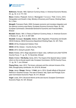 34
McKinnon, Ronald, 1963, Optimum Currency Areas, in: American Economic Review,
53. Jg., Nr. 4, S. 717–725
Mocci, Cristina / Pozzuoli, Stefania / Romagnoli, Francesca / Tinti, Cristina, 2014,
Deregulation and Growth in Italy, Ministry of Economy and Finance, Working Paper,
Nr. 3, Rom
Mongelli, Francesco Paolo, 2008, European economic and monetary integration and
the optimum currency area theory, European Economy Economic Paper, Nr. 302,
European Commission, Directorate-General for Economic and Financial Affairs,
Brüssel
Mundell, Robert, 1961, A Theory of Optimum Currency Areas, in: American Econom-
ic Review, 51. Jg., Nr. 4, S. 657–665
Nicoletti, Guiseppe / Scarpetta, Stefano, 2003, Regulation, Productivity and Growth:
OECD Evidence, OECD Economics Department Working Paper, Nr. 347, Paris
OECD, 2013a, Employment Outlook, Paris
OECD, 2013b, Greece – Country Survey, Paris
OECD, 2014, Going for growth, Paris
Orsini, Kristian, 2014, Wage adjustment in Spain: slow, inefficient and unfair? ECFIN
Country Focus, 11. Jg., Nr. 10, November, Brüssel
Orsini, Kristian / Vila Nuňez, Sonia, 2014, The Impact of the Spanish labour market
reform on the on-the-job search rate, European Commission, ECFIN Country Focus,
11. Jg., Nr. 7, Juni, Brüssel
Pisany-Ferry, Jean, 2012, The known unknowns and the unknown knowns of the
EMU, Bruegel policy contribution, Nr. 2012/18, Brüssel
Varga, Janos / Roeger, Werner / ‘t Veld, Jan in, 2014, Growth effects of Structural
Reforms in Southern Europe: The case of Greece, Italy, Spain and Portugal, Euro-
pean Commission Economic Paper, Nr. 511, Brüssel
Vogel, Lukas, 2014, Structural reforms at the zero bound, European Commission
Economic Paper, Nr. 537, Brüssel
 