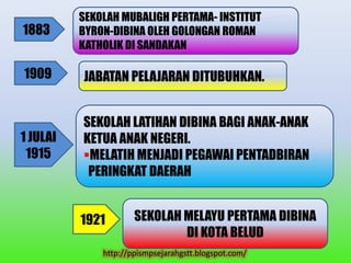 SEKOLAH MUBALIGH PERTAMA- INSTITUT
1883      BYRON-DIBINA OLEH GOLONGAN ROMAN
          KATHOLIK DI SANDAKAN

1909      JABATAN PELAJARAN DITUBUHKAN.


          SEKOLAH LATIHAN DIBINA BAGI ANAK-ANAK
1 JULAI   KETUA ANAK NEGERI.
 1915     MELATIH MENJADI PEGAWAI PENTADBIRAN
           PERINGKAT DAERAH


          1921        SEKOLAH MELAYU PERTAMA DIBINA
                              DI KOTA BELUD
              http://ppismpsejarahgstt.blogspot.com/
 