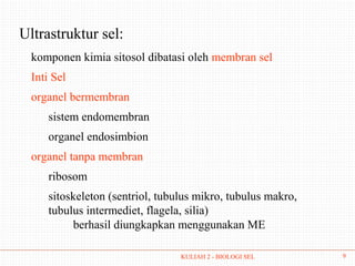 Ultrastruktur sel:
  komponen kimia sitosol dibatasi oleh membran sel
  Inti Sel
  organel bermembran
     sistem endomembran
     organel endosimbion
  organel tanpa membran
     ribosom
     sitoskeleton (sentriol, tubulus mikro, tubulus makro,
     tubulus intermediet, flagela, silia)
          berhasil diungkapkan menggunakan ME

                                 KULIAH 2 - BIOLOGI SEL      9
 