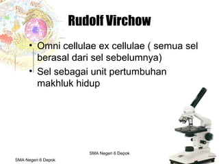 Budi Mulyana, S.Pd SMA Negeri 2 Aikmel
Rudolf Virchow
• Omni cellulae ex cellulae ( semua sel
berasal dari sel sebelumnya)
• Sel sebagai unit pertumbuhan
makhluk hidup
SMA Negeri 6 Depok
SMA Negeri 6 Depok
 