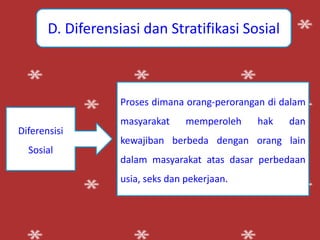 D. Diferensiasi dan Stratifikasi Sosial 
Diferensisi 
Sosial 
Proses dimana orang-perorangan di dalam 
masyarakat memperoleh hak dan 
kewajiban berbeda dengan orang lain 
dalam masyarakat atas dasar perbedaan 
usia, seks dan pekerjaan. 
 