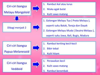 Dibagi menjadi 2 
1. Rambut ikal atau lurus 
2. Muka agak bulat 
3. Kulit sawo matang 
Ciri-ciri bangsa 
Melayu Mongoloid 
1. Golongan Melayu Tua ( Proto Melayu ), 
seperti suku Batak, Toroja dan Dayak 
2. Golongan Melayu Muda ( Deutro Melayu ), 
seperti suku Jawa, Bali, Bugis, Madura 
Ciri-ciri bangsa 
Papua Melanesoid 
1. Rambut keriting kecil-kecil 
2. Bibir tebal 
3. Kulit hitam 
Ciri-ciri bangsa 
Veddoid 
1. Perawakan kecil 
2. Kulit sawo matang 
3. Rambut berombak 
 