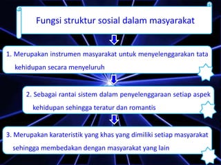Fungsi struktur sosial dalam masyarakat 
1. Merupakan instrumen masyarakat untuk menyelenggarakan tata 
kehidupan secara menyeluruh 
2. Sebagai rantai sistem dalam penyelenggaraan setiap aspek 
kehidupan sehingga teratur dan romantis 
3. Merupakan karateristik yang khas yang dimiliki setiap masyarakat 
sehingga membedakan dengan masyarakat yang lain 
 