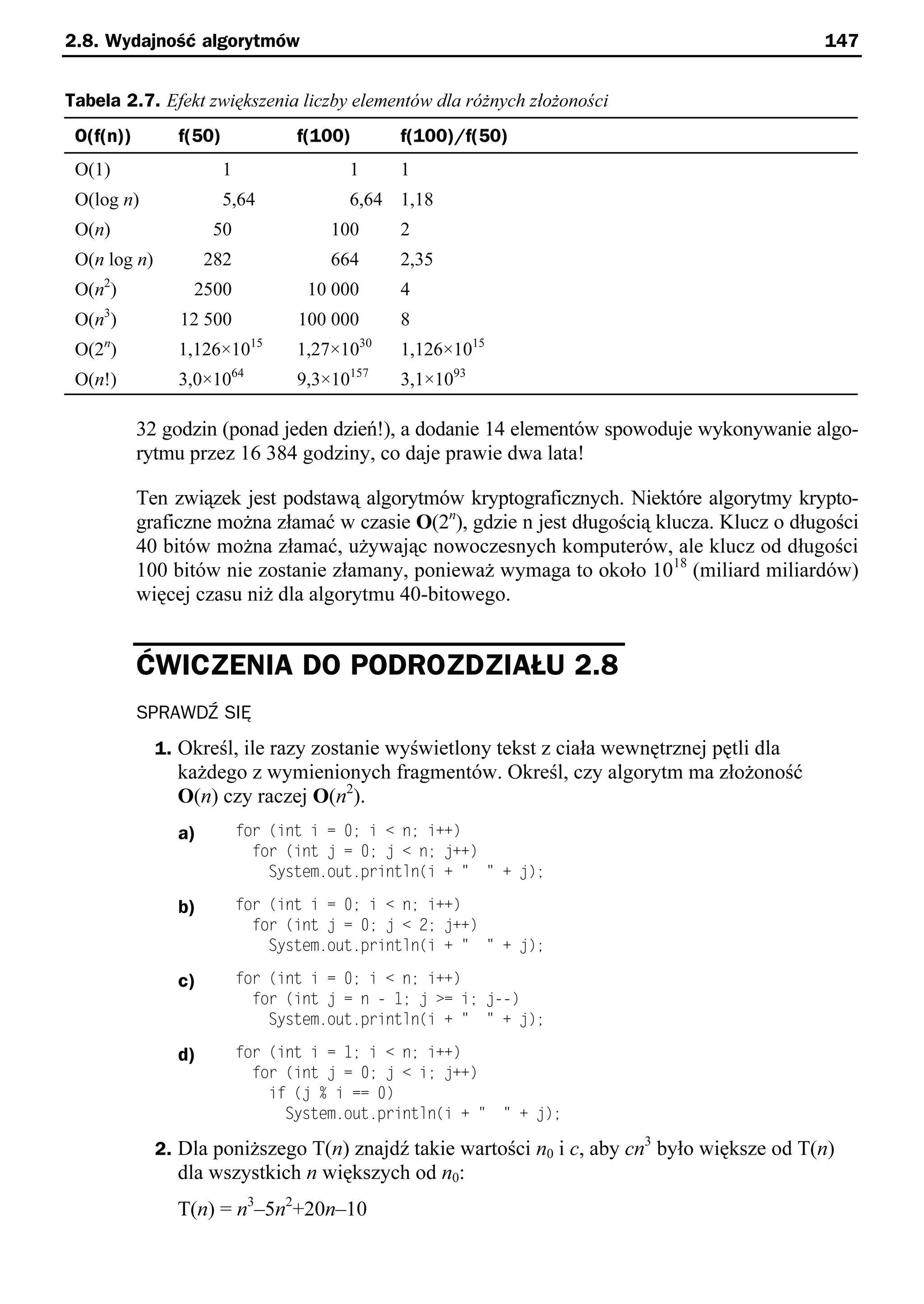 2.8. Wydajność algorytmów                                                                    147


Tabela 2.7. Efekt zwiększenia liczby elementów dla różnych złożoności
 O(f(n))        f(50)             f(100)          f(100)/f(50)
 O(1)                   1               1         1
 O(log n)               5,64            6,64 1,18
 O(n)                50               100         2
 O(n log n)          282              664         2,35
    2
 O(n )            2500              10 000        4
 O(n3)           12 500            100 000        8
    n                        15              30
 O(2 )          1,126×10          1,27×10         1,126×1015
 O(n!)          3,0×1064          9,3×10157       3,1×1093

           32 godzin (ponad jeden dzień!), a dodanie 14 elementów spowoduje wykonywanie algo-
           rytmu przez 16 384 godziny, co daje prawie dwa lata!

           Ten związek jest podstawą algorytmów kryptograficznych. Niektóre algorytmy krypto-
           graficzne można złamać w czasie O(2n), gdzie n jest długością klucza. Klucz o długości
           40 bitów można złamać, używając nowoczesnych komputerów, ale klucz od długości
           100 bitów nie zostanie złamany, ponieważ wymaga to około 1018 (miliard miliardów)
           więcej czasu niż dla algorytmu 40-bitowego.


           ĆWICZENIA DO PODROZDZIAŁU 2.8
           SPRAWDŹ SIĘ
              1. Określ, ile razy zostanie wyświetlony tekst z ciała wewnętrznej pętli dla
                każdego z wymienionych fragmentów. Określ, czy algorytm ma złożoność
                O(n) czy raczej O(n2).
                a)          for (int i = 0; i < n; i++)
                              for (int = 0; < n; ++)
                                System.out.println(i + " " + );

                b)          for (int i = 0; i < n; i++)
                              for (int = 0; < 2; ++)
                                System.out.println(i + " " + );

                c)          for (int i = 0; i < n; i++)
                              for (int = n - 1; >= i; --)
                                System.out.println(i + " " + );

                d)          for (int i = 1; i < n; i++)
                              for (int = 0; < i; ++)
                                if ( % i == 0)
                                  System.out.println(i + " " + );

              2. Dla poniższego T(n) znajdź takie wartości n0 i c, aby cn3 było większe od T(n)
                dla wszystkich n większych od n0:
                T(n) = n3–5n2+20n–10
 