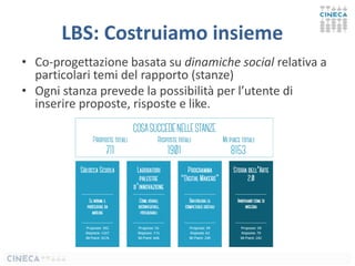 LBS: Costruiamo insieme
• Co-progettazione basata su dinamiche social relativa a
particolari temi del rapporto (stanze)
• Ogni stanza prevede la possibilità per l’utente di
inserire proposte, risposte e like.
 