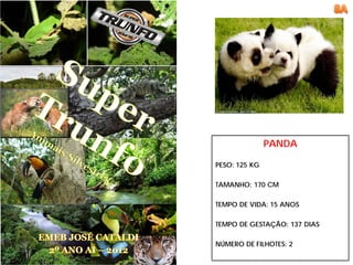 PANDA

PESO: 125 KG

TAMANHO: 170 CM

TEMPO DE VIDA: 15 ANOS

TEMPO DE GESTAÇÃO: 137 DIAS

NÚMERO DE FILHOTES: 2
 