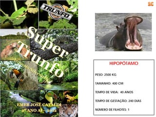 HIPOPÓTAMO

PESO: 2500 KG

TAMANHO: 400 CM

TEMPO DE VIDA: 40 ANOS

TEMPO DE GESTAÇÃO: 240 DIAS

NÚMERO DE FILHOTES: 1
 