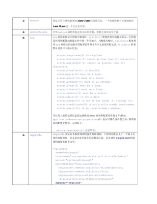 3.   method         指定含有具体校验规则 Java Class 的具体方法，一个校验规则有实现校验的

                    Java Class 的一个方法来实现。

4.   methodParams   声明 method 属性所指定的方法的参数，参数之间用逗号分隔。

5.   msg            msg 是用来指定当校验不通过时，Validator 框架所给出的提示信息。它的值
                    是应用所配置的资源文件中的一个关键字，当校验失败时，Validator 框架利
                    用 msg 所指定的值到应用配置的资源文件中去查找匹配记录。Validator 框架
                    默认使用以下提示信息：

                      errors.required={0} is required.
                      errors.minlength={0} cannot be less than {1} characters.
                      errors.maxlength={0} cannot be greater than {1}
                    characters.
                      errors.invalid={0} is invalid.
                      errors.byte={0} must be a byte.
                      errors.short={0} must be a short.
                      errors.integer={0} must be an integer.
                      errors.long={0} must be a long.
                      errors.float={0} must be a float.
                      errors.double={0} must be a double.
                      errors.date={0} is not a date.
                      errors.range={0} is not in the range {1} through {2}.
                      errors.creditcard={0} is not a valid credit card number.
                      errors.email={0} is an invalid email address


                    可以将上面的这些信息添加到你的 Struts 应用所配置的资源文件(例如：
                    ApplicationResources.properties)中，也可以修改这些值之后，将其添
                    加到配置文件中，示例如下：

                      errors.required={0} 是必填项。
6.   depends        depends 指定在本校验规则的前置校验规则，下面的片断定义了一个最小长
                    度的校验规则，含义是在进行最小长度校验之前，会先调用 required 校验
                    规则确保数据不为空：

                    validator
                      name=minLength
                     classname=org.apache.struts.util.StrutsValidator
                     method=validateMinLength
                     methodParams=java.lang.Object,
                       org.apache.commons.validator.ValidatorAction,
                       org.apache.commons.validator.Field,
                       org.apache.struts.action.ActionErrors,
                       javax.servlet.http.HttpServletRequest
                     depends=required
 
