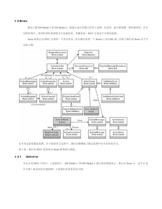 1.3 Struts

             通过了解 JSP Model 1 和 JSP Model 2，我想大家心里都已经有了选择，在这里，我不想说哪一种构架更好，在不

        同的环境中，使用恰到好处的技术才是最好的。普遍来说，MVC 分离是个不错的选择。

             Struts 框架正是 MVC 分离的一个杰出作品。首先我们来看一下 Struts1.1 的 UML 图，以便于我们对 Struts 有个全

        局的了解：




   先不用急着看懂这张图，在下面的学习过程中，我们会慢慢地了解这张图中各个组件的含义。

   接下来，我们从 MVC 的角度对 Struts 框架进行探索。

1.3.1    Controller

        首先介绍 MVC 中的 C，上面提到了，JSP Model 1 和 JSP Model 2 最大的却别就是 C，那么在 Struts 中，这个 C 是

        什么呢？他是如何实现的呢？下面我们再来看看这个图：
 
