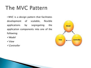 • MVC is a design pattern that facilitates
development of scalable, flexible
applications by segregating the
application components into one of the
following:
Model
View
Controller
 