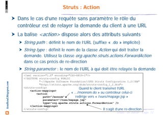 12Struts - M. Baron - Page
keulkeul.blogspot.com Struts : Action
Dans le cas d’une requête sans paramètre le rôle du
contrôleur est de relayer la demande du client à une URL
La balise <action> dispose alors des attributs suivants
String path : définit le nom de l’URL (suffixe « .do » implicite)
String type : définit le nom de la classe Action qui doit traiter la
demande. Utilisez la classe org.apache.struts.actions.ForwardAction
dans ce cas précis de re-direction
String parameter : le nom de l’URL à qui doit être relayée la demande
<?xml version="1.0" encoding="ISO-8859-1"?>
<!DOCTYPE struts-config PUBLIC
"-//Apache Software Foundation//DTD Struts Configuration 1.2//EN"
"http://struts.apache.org/dtds/struts-config_1_2.dtd">
<struts-config>
<action-mappings>
<action
path="/monnom"
parameter="/vues/mapage.jsp"
type="org.apache.struts.actions.ForwardAction" />
</action-mappings>
</struts-config>
Quand le client transmet l’URL
« .../monnom.do » au contrôleur celui-ci
redirige vers « /vues/mapage.jsp »
Il s’agit d’une re-direction
 