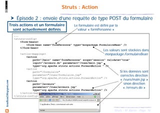 16Struts - M. Baron - Page
keulkeul.blogspot.com Struts : Action
Épisode 2 : envoie d’une requête de type POST du formulaire
...
<struts-config>
<form-beans>
<form-bean name="formPersonne" type="monpackage.FormulaireBean" />
</form-bean>
<action-mappings>
<action
path="/main" name="formPersonne" scope="session" validate="true"
input="/erreurs.do" parameter="/vues/main.jsp"
type="org.apache.struts.actions.ForwardAction " />
<action
path="/formulaire"
parameter="/vues/formulaire.jsp"
type="org.apache.struts.actions.ForwardAction" />
<action
path="/erreurs"
parameter="/vues/erreurs.jsp"
type="org.apache.struts.actions.ForwardAction" />
</action-mappings>
</struts-config>
Le formulaire est défini par la
valeur « formPersonne »
Les valeurs sont stockées dans
monpackage.FormulaireBean
Si les données sont
correctes direction
« /vues/main.jsp »
sinon direction
« /erreurs.do »
Trois actions et un formulaire
sont actuellement définis
 