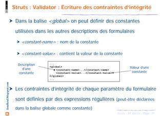 39Struts - M. Baron - Page
keulkeul.blogspot.com Struts : Validator : Écriture des contraintes d’intégrité
Dans la balise <global> on peut définir des constantes
utilisées dans les autres descriptions des formulaires
<constant-name> : nom de la constante
<constant-value> : contient la valeur de la constante
Les contraintes d’intégrité de chaque paramètre du formulaire
sont définies par des expressions régulières (peut-être déclarées
dans la balise globale comme constante)
...
<global>
<constant-name>...</constant-name>
<constant-value>...</constant-value>
</global>
...
Description
d’une
constante
Valeur d’une
constante
 