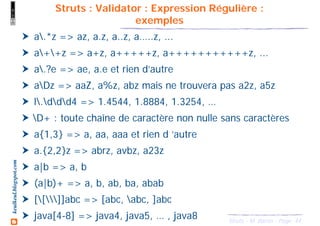 44Struts - M. Baron - Page
keulkeul.blogspot.com
Struts : Validator : Expression Régulière :
exemples
a.*z => az, a.z, a..z, a…..z, ...
a++z => a+z, a+++++z, a+++++++++++z, ...
a.?e => ae, a.e et rien d’autre
aDz => aaZ, a%z, abz mais ne trouvera pas a2z, a5z
l.ddd4 => 1.4544, 1.8884, 1.3254, …
D+ : toute chaîne de caractère non nulle sans caractères
a{1,3} => a, aa, aaa et rien d ’autre
a.{2,2}z => abrz, avbz, a23z
a|b => a, b
(a|b)+ => a, b, ab, ba, abab
[[]]abc => [abc, abc, ]abc
java[4-8] => java4, java5, … , java8
 
