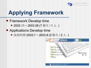 Applying Framework Framework Develop time  2002.11 ~ 2003.06 (7 個月 / 1 人  ) Applications Develop time 改寫時間 2003.7 ~ 2003.8 (2 個月 / 2 人  ) 