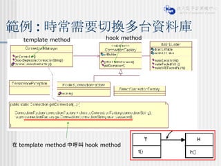 範例 : 時常需要切換多台資料庫 template method hook method 在 template method 中呼叫 hook method 