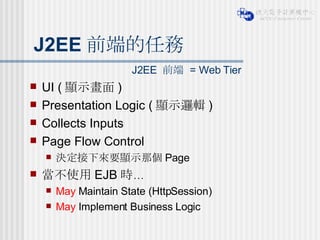 J2EE 前端的任務 UI ( 顯示畫面 ) Presentation Logic ( 顯示邏輯 ) Collects Inputs  Page Flow Control 決定接下來要顯示那個 Page 當不使用 EJB 時… May  Maintain State (HttpSession) May  Implement Business Logic  J2EE  前端  = Web Tier 