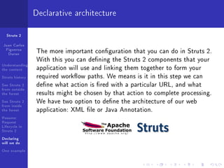Declarative architecture

  Struts 2

Juan Carlos
 Figueroa
  Duran           The more important conguration that you can do in Struts 2.
                  With this you can dening the Struts 2 components that your
Understanding
the context       application will use and linking them together to form your
Struts history    required workow paths. We means is it in this step we can
See Struts 2      dene what action is red with a particular URL, and what
from outside
the forest        results might be chosen by that action to complete processing.
See Struts 2      We have two option to dene the architecture of our web
from inside
the forest        application: XML le or Java Annotation.
Resume:
Request
Lifecycle in
Struts 2
Declaring
will we do
One example
 